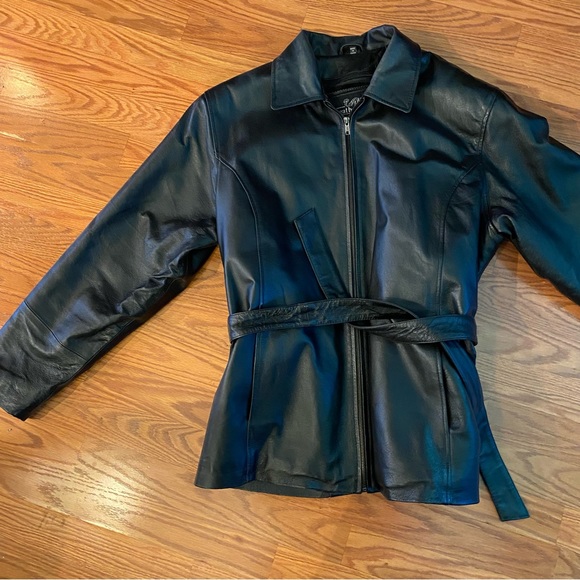 Vintage Y2K Leather Jacket Bomber Jacket Tie Waist Black Soft Leather Coat - Picture 5 of 14